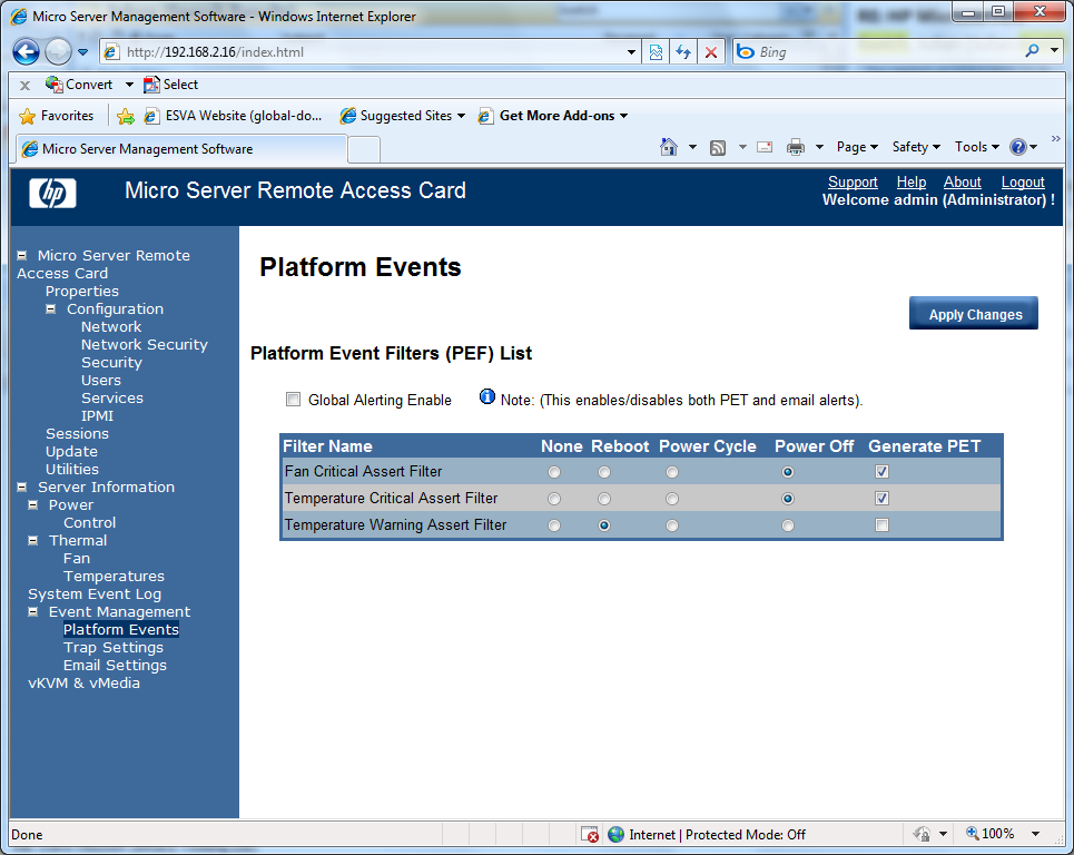 System events can be tied in with HP&rsquo;s Platform Event Filters so email alerts can be sent out if certain hardware problems oc