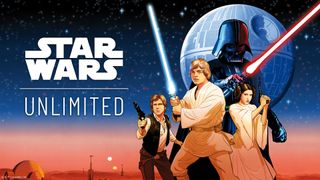 Luke, Han, Leia, and Darth Vader stand before the Death Star in artwork for Star Wars: Unlimited