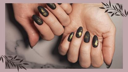 A woman's hands with Biab nails and gold foil nail art