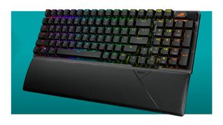 The Asus ROG Strix Scope II 96 Wireless gaming keyboard on a teal background