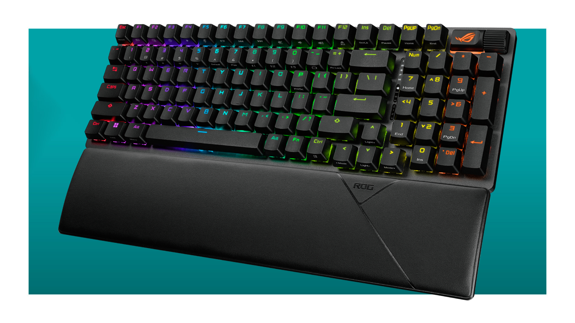 The Asus ROG Strix Scope II 96 Wireless gaming keyboard on a teal background