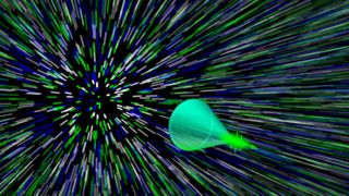 This graphic shows a so-called photonic Mach cone, which is sort of like a sonic boom; but in this instance, you can see the cone-shaped wake of light pulses. 