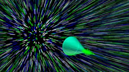 This graphic shows a so-called photonic Mach cone, which is sort of like a sonic boom; but in this instance, you can see the cone-shaped wake of light pulses.