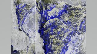 satellite map shows flooded parts of Pakistan in blue