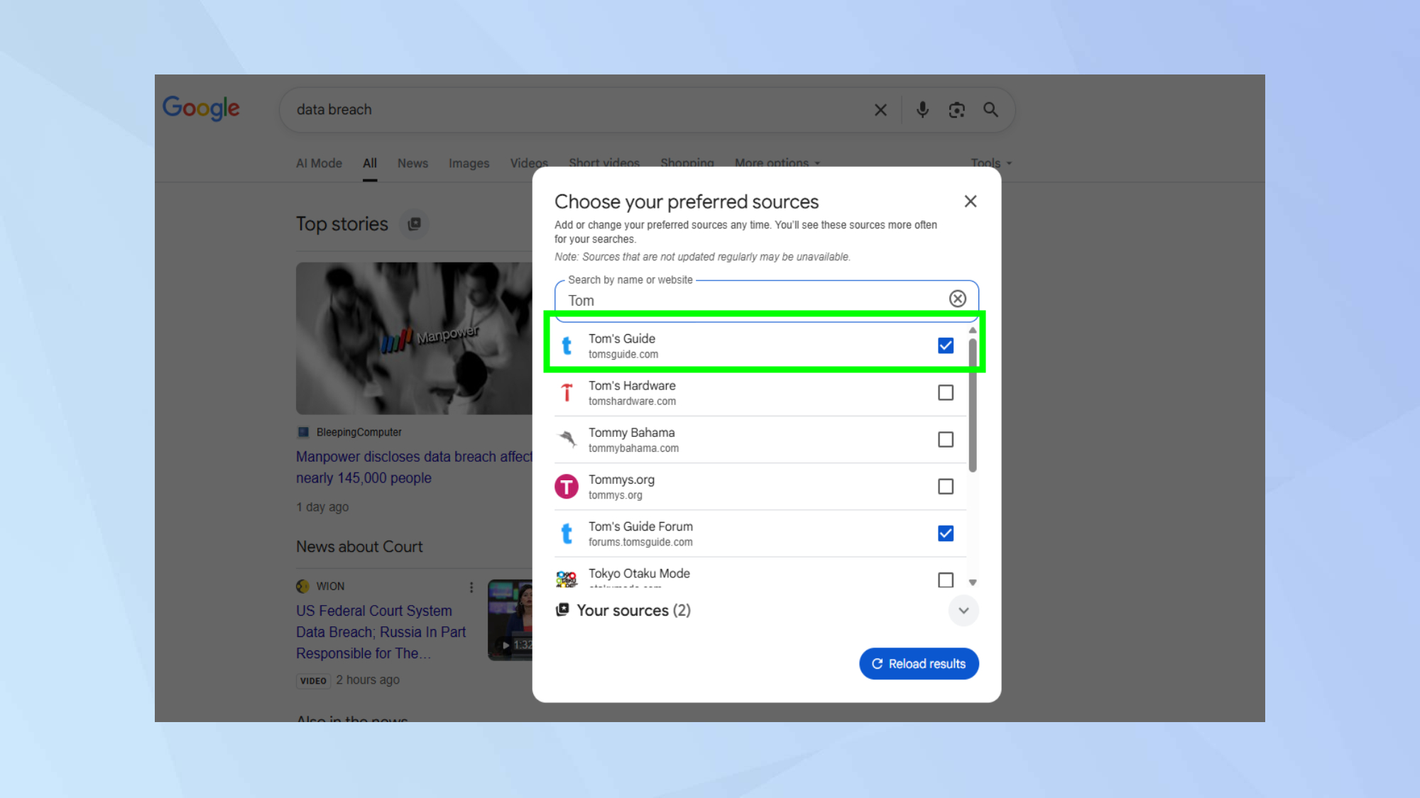Google preferred sources Tom's Guide