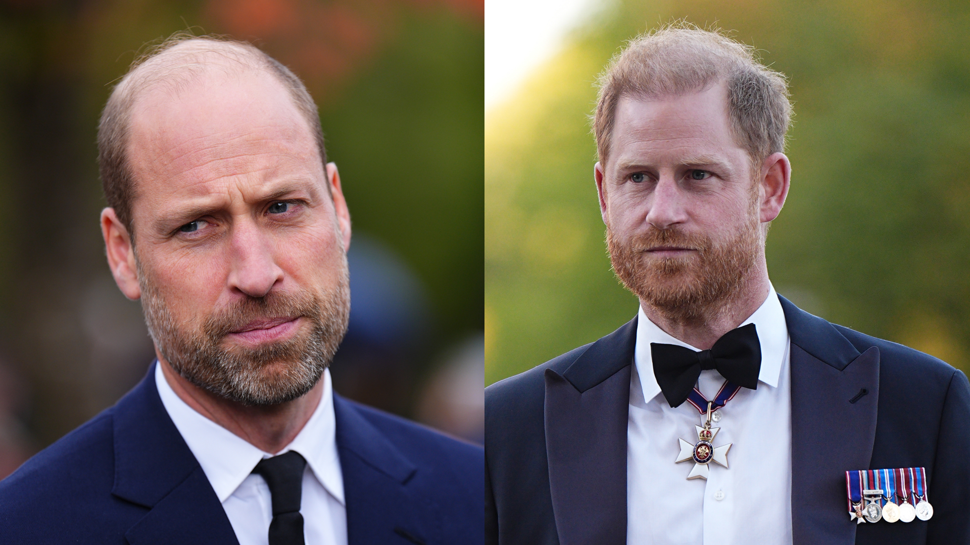 A split image of Prince Harry and Prince William wearing suits and ties