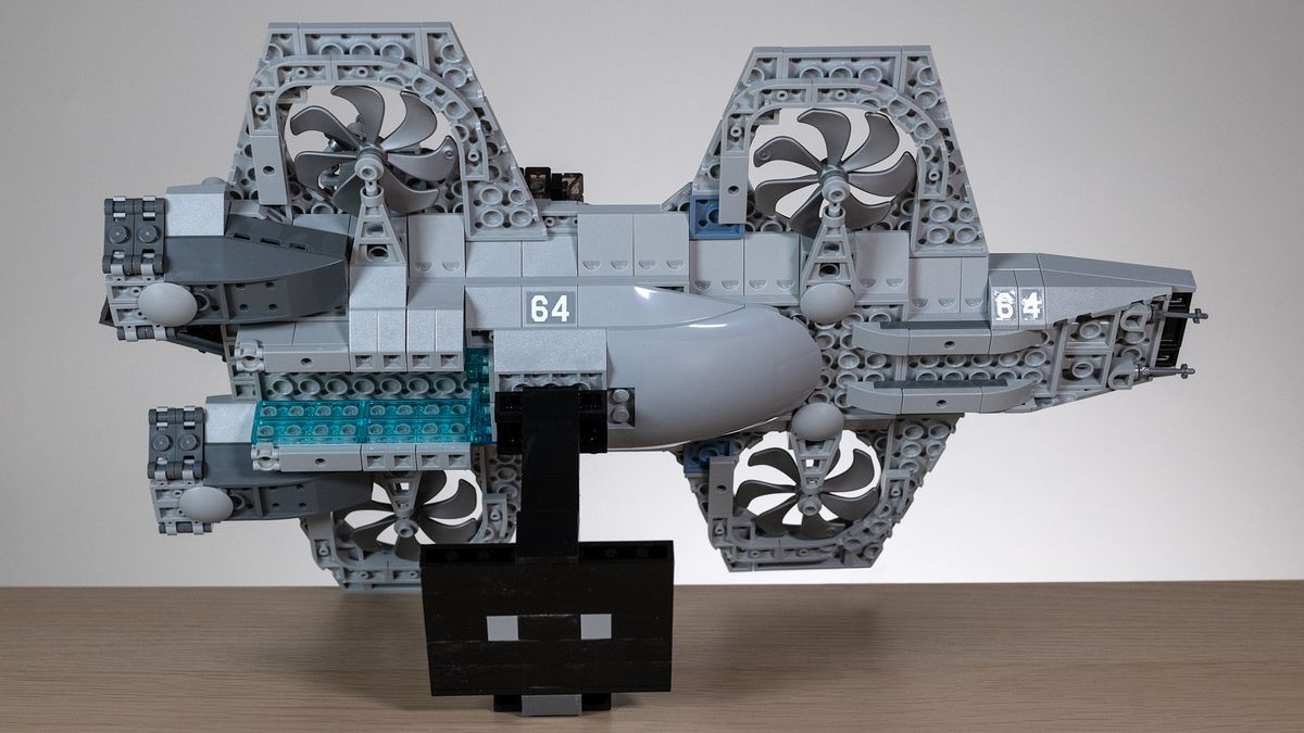 The Avengers Helicarrier (76295) underside view on a neutral background