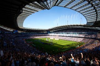 MANCHESTER, ENGLAND - MAY 06: General view inside the stadium during the Trophy presentation during the Premier League match between Manchester City and Huddersfield Town at Etihad Stadium on May 6, 2018 in Manchester, England.
