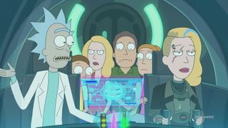(L to R) Rick, Morty, Beth, Jerry, Summer and Space Beth are in a ship's cockpit in the Rick and Morty season 6 trailer