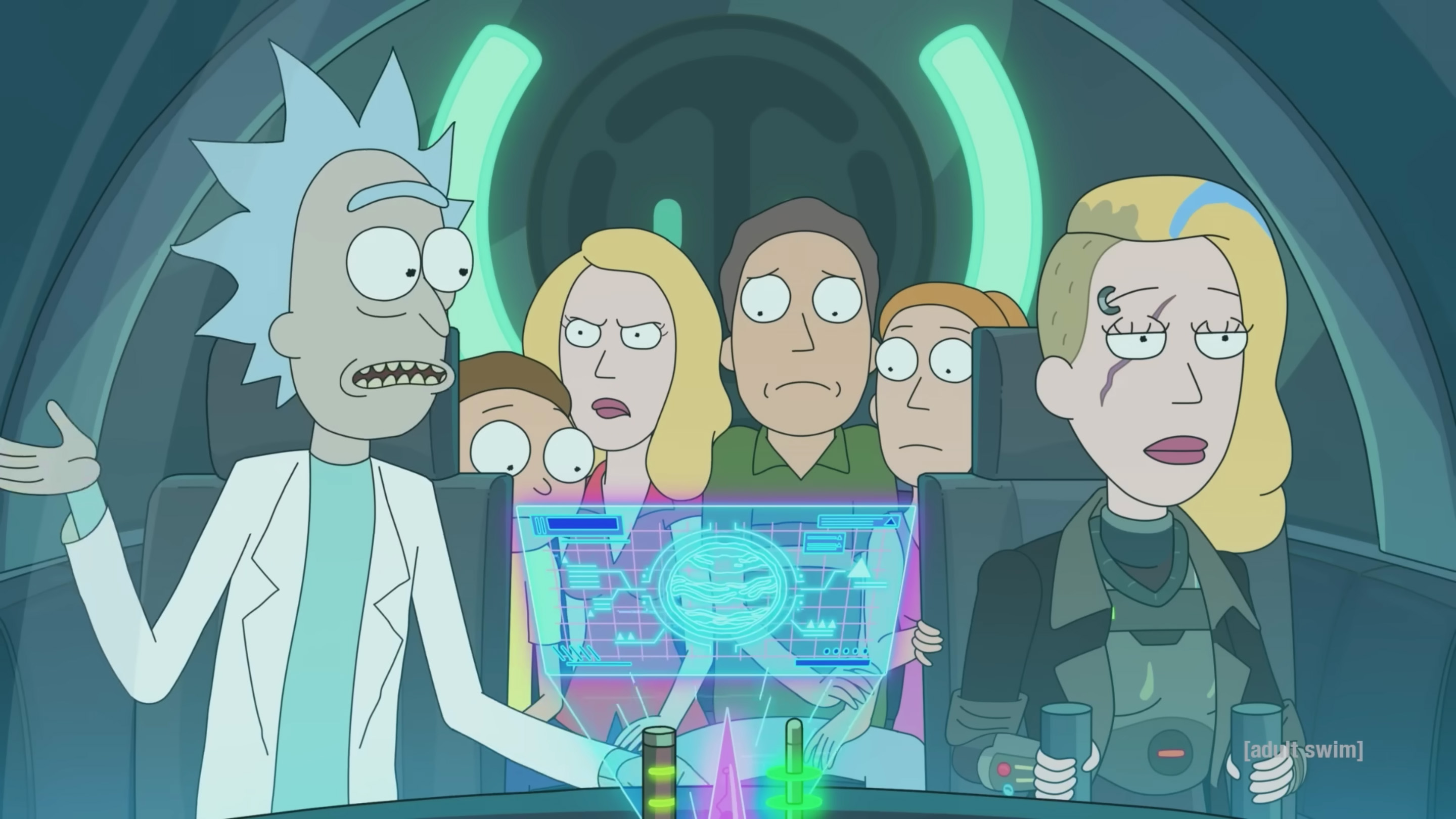 (L to R) Rick, Morty, Beth, Jerry, Summer, Space Beth in the ship's cockpit in the Rick and Morty season 6 trailer