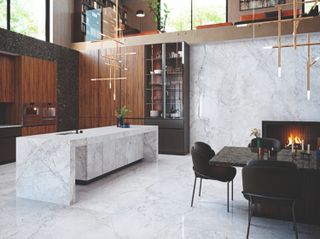 porcelain waterfall countertop in a large modern kitchen