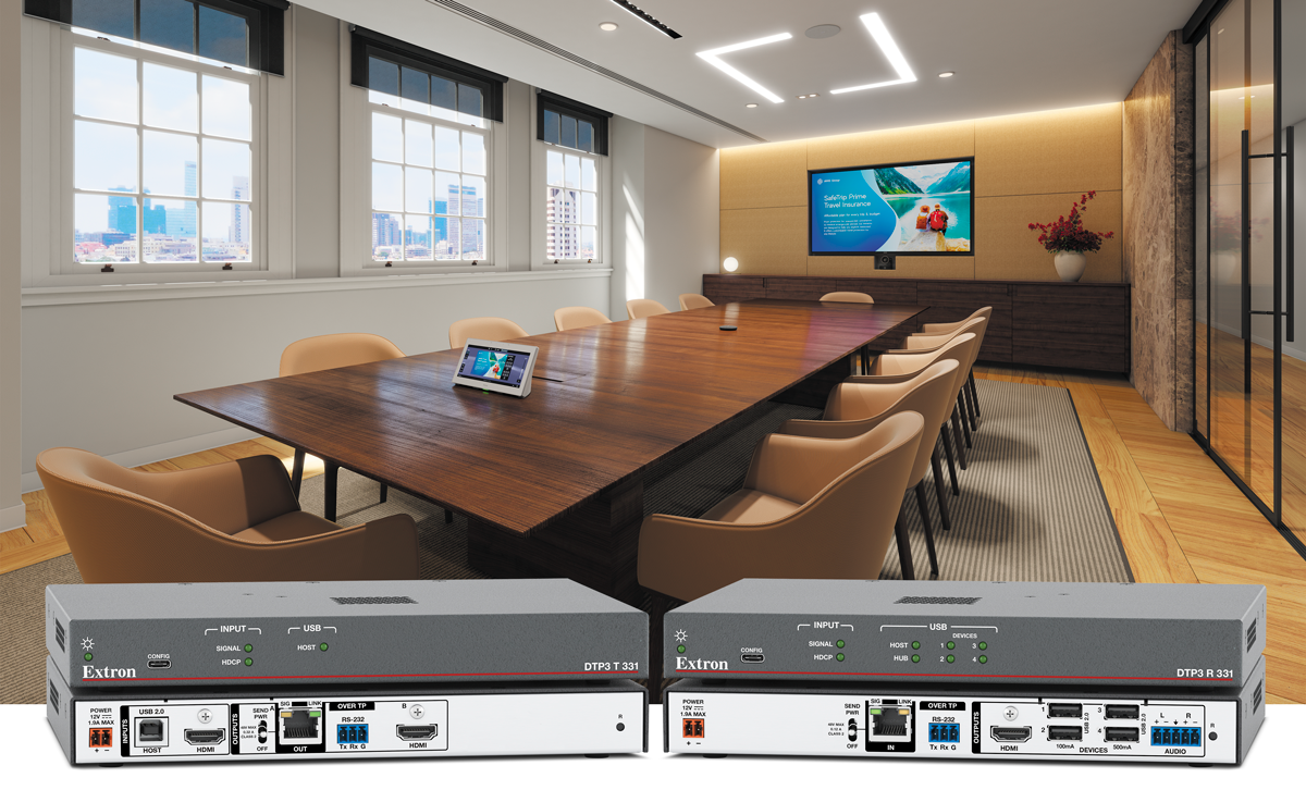 The new Extron extenders superimposed in front of a conference room.