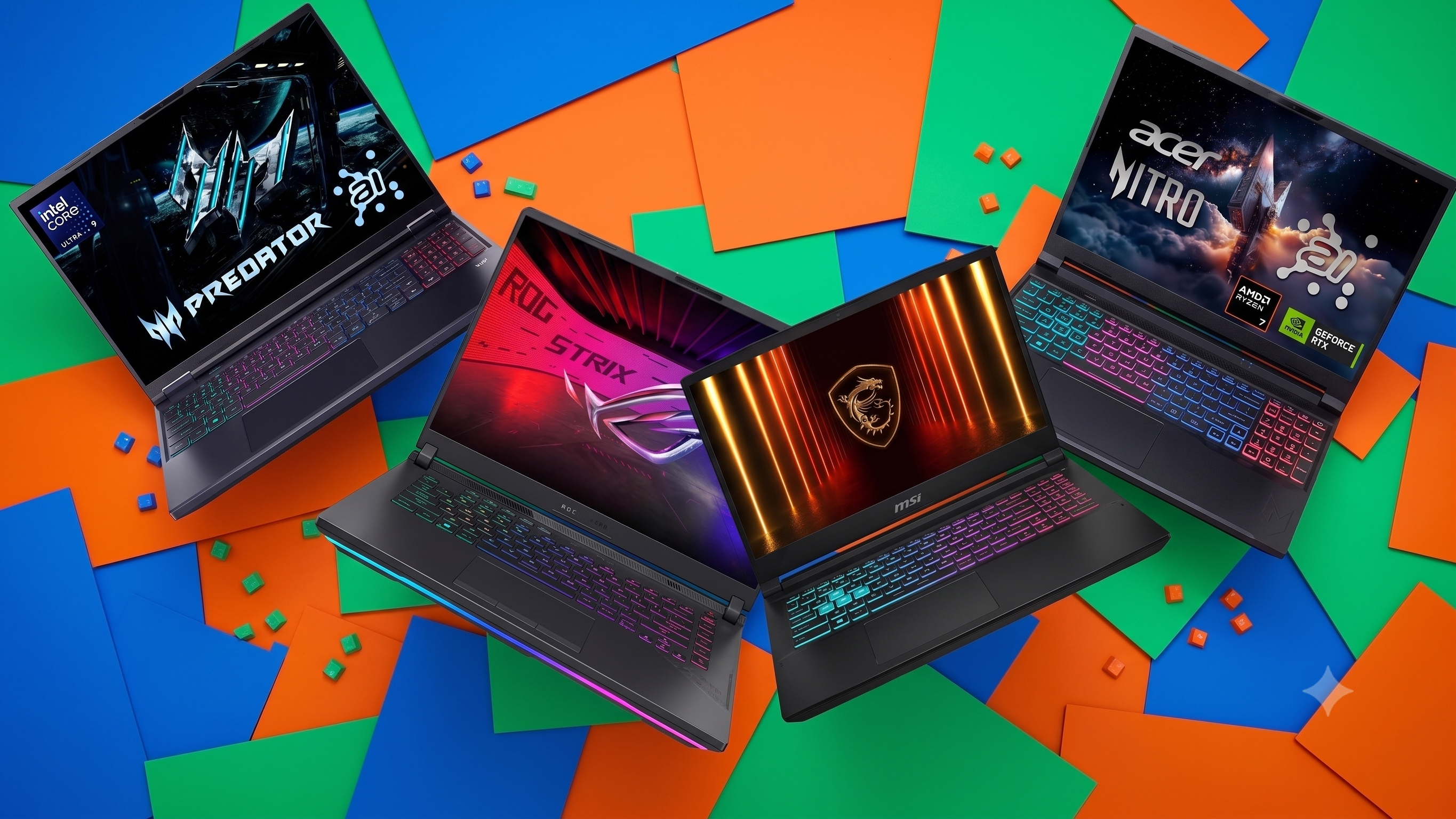 Four laptops spread around a colourful AI-generated geometric background