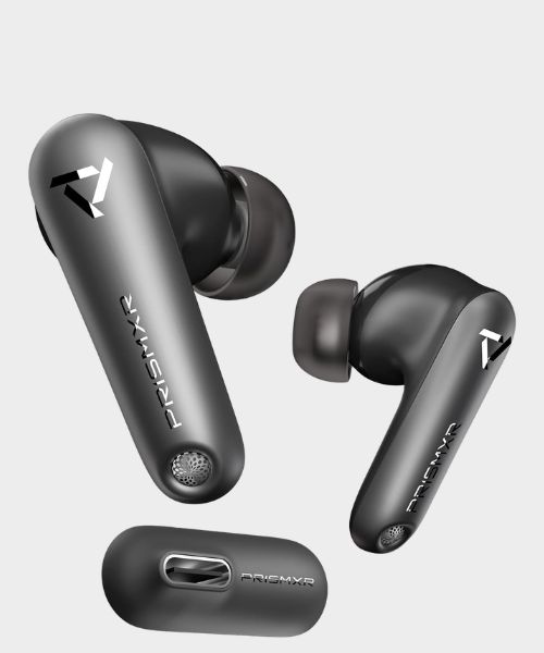 PrismXR Vega T1 earbuds in black, next to their USB-C dongle
