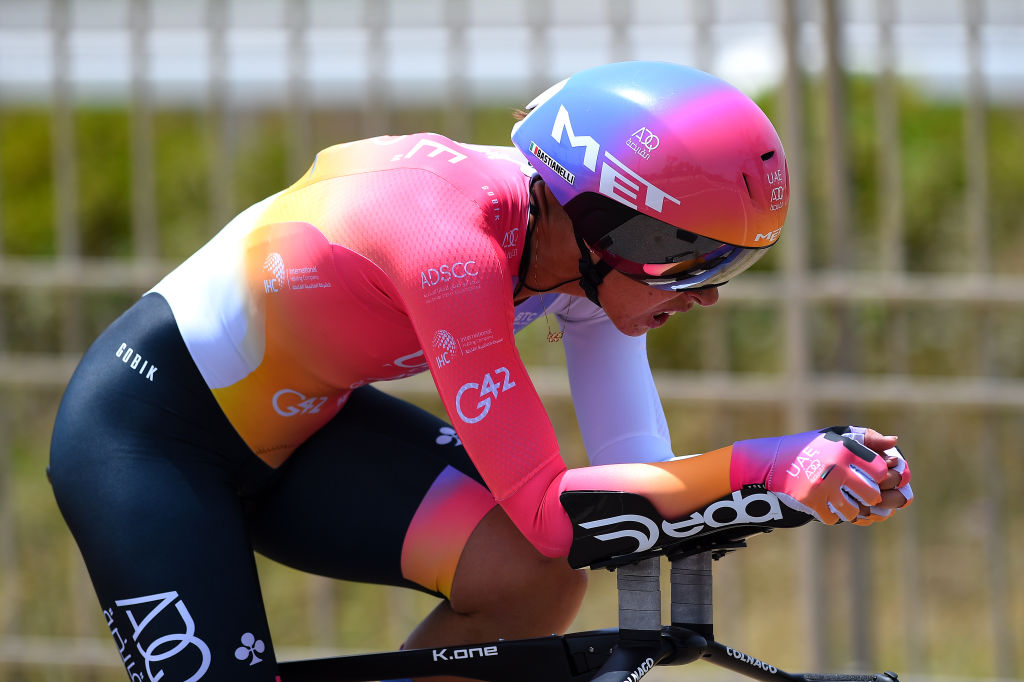 CAGLIARI ITALY  JUNE 30 Marta Bastianelli of Italy and UAE Team Adq sprints during the 33rd Giro dItalia Donne 2022  Stage 1 a 47km individual time trial stage from Cagliari to Cagliari  ITT  GiroDonne  UCIWWT  on June 30 2022 in Cagliari Italy Photo by Dario BelingheriGetty Images
