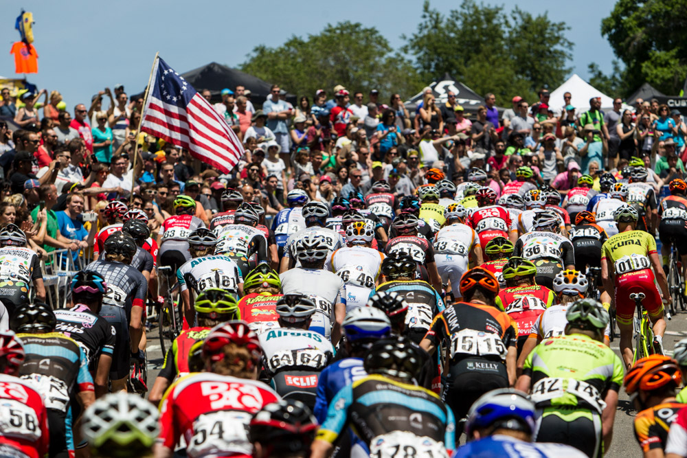 The peloton climbs Lemon Hill during the Philly Cycling Classic.