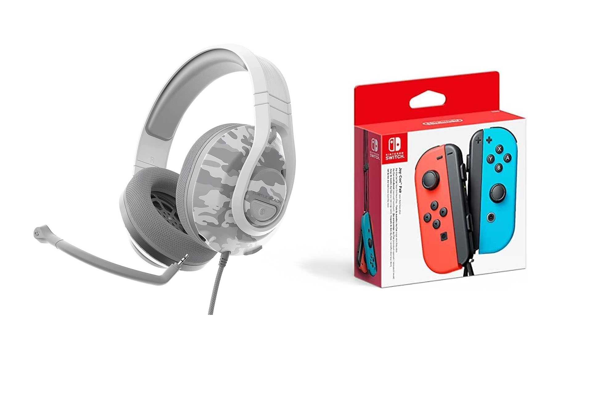 Product shots of both the Nintendo Joy-Con neon pair and the Turtle Beach Recon 500 headset