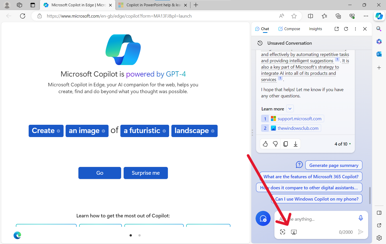 A screenshot in a Microsoft Edge window with a Copilot panel open on the right, with arrow pointing to new 