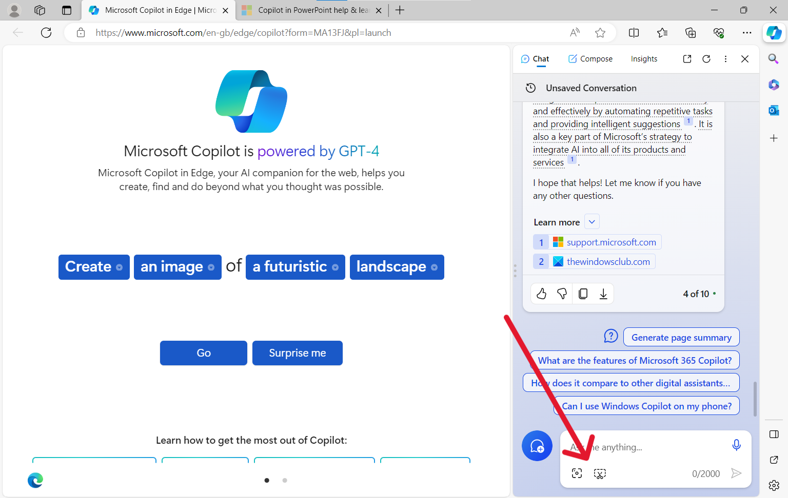 Снимок экрана в окне Microsoft Edge с открытой панелью Copilot справа со стрелкой, указывающей на новую функцию 