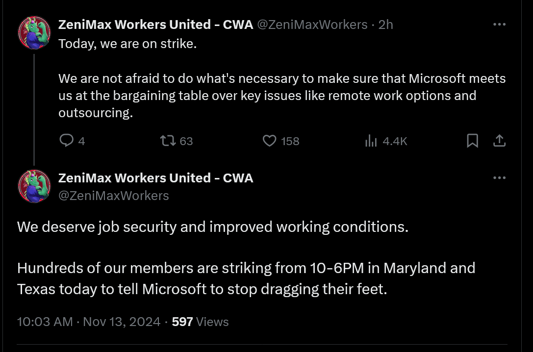 Today, we are on strike. We are not afraid to do what's necessary to make sure that Microsoft meets us at the bargaining table over key issues like remote work options and outsourcing. We deserve job security and improved working conditions. Hundreds of our members are striking from 10-6PM in Maryland and Texas today to tell Microsoft to stop dragging their feet.