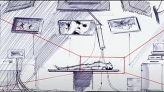 Jim screams in pain while strapped to a table in a storyboard for 28 Days Later.