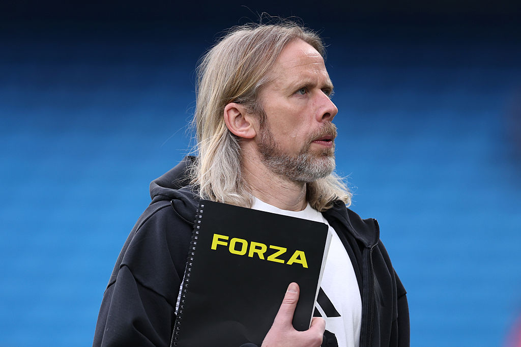 MANCHESTER, ENGLAND - APRIL 22: Austin MacPhee, coach of Aston Villa looks on prior to the Premier League match between Manchester City FC and Aston Villa FC at Etihad Stadium on April 22, 2025 in Manchester, England. (Photo by Alex Livesey - Danehouse/Getty Images)