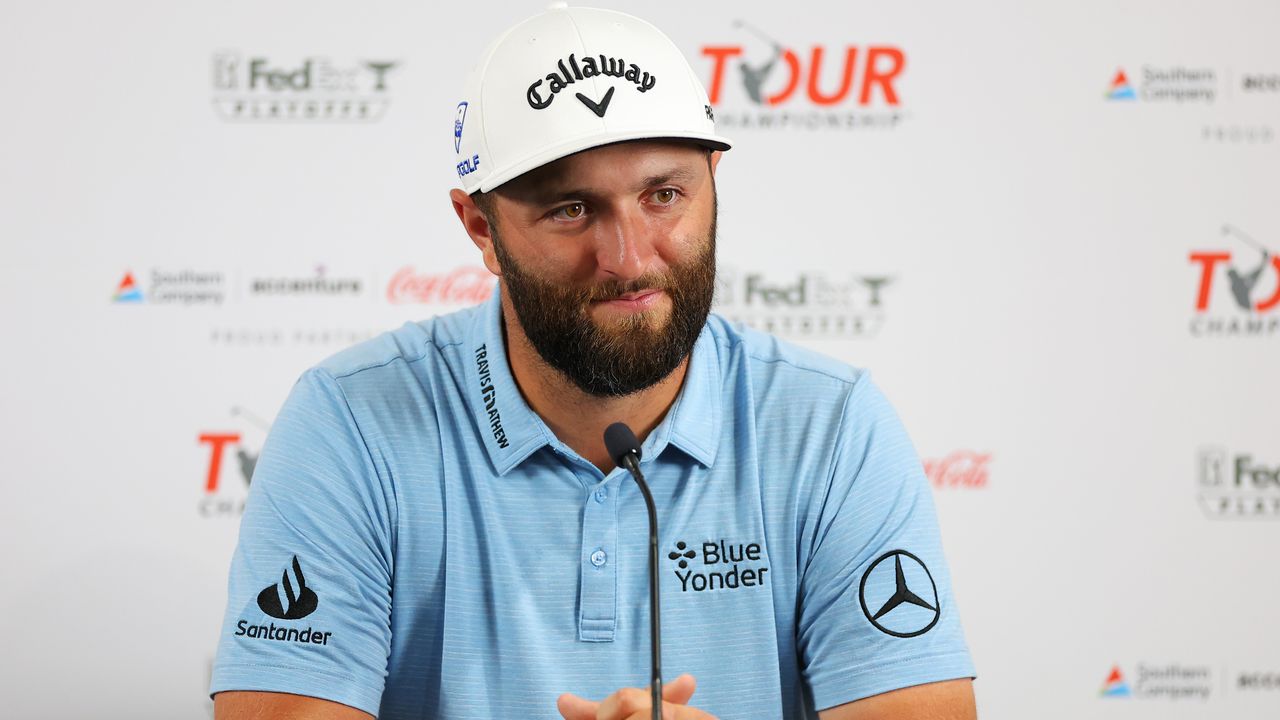 Jon Rahm talks to the media ahead of the Tour Championship at East Lake