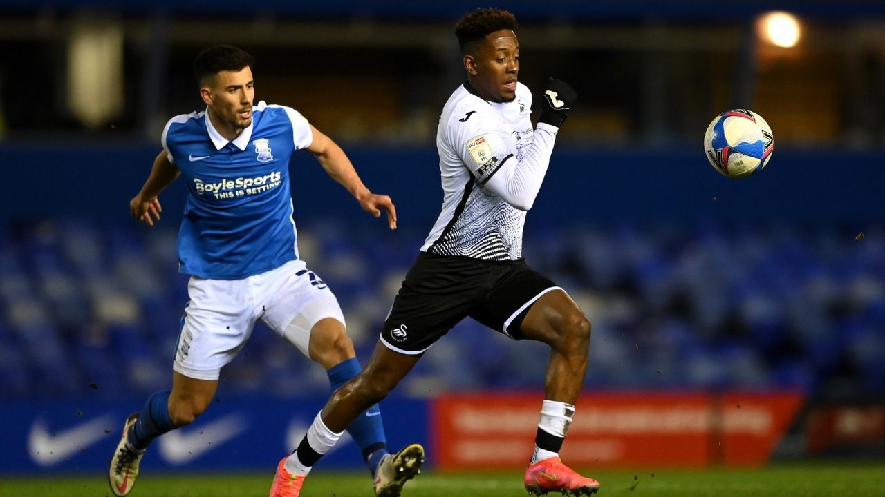 Swansea City’s Jamal Lowe in action against Birmingham City 