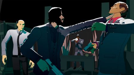 John Wick Hex screenshot shows John Wick holding someone by the throat.