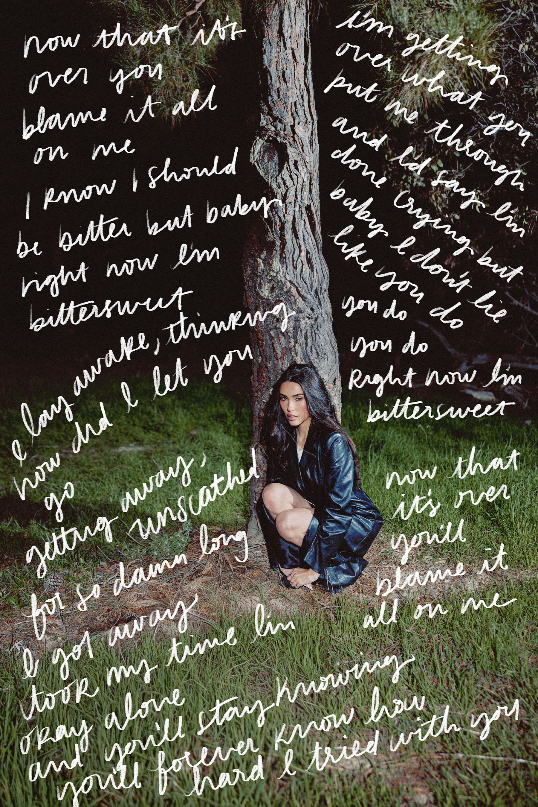 Image from Who What Wear's February cover story with Madison Beer. Beer is kneeling down in front of a tree. She is wearing a black leather coat. Written on top of the image are the lyrics to Beer's song &amp;quot;Bittersweet.&amp;quot;