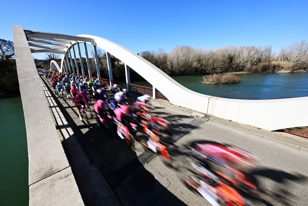 BELLEGARDE FRANCE FEBRUARY 05 A general view of the peloton competing during the 55th Etoile de Besseges Tour du Gard 2025 Stage 1 a 15907km stage Bellegarde to Bellegarde on February 05 2025 in Bellegarde France Photo by Billy CeustersGetty Images