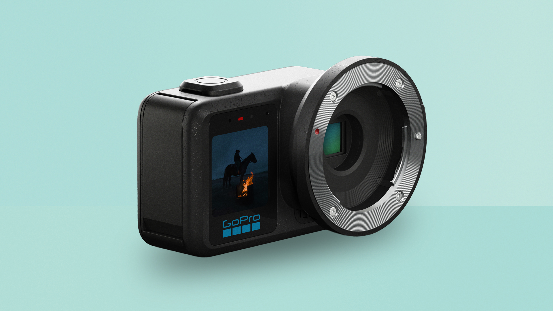 GoPro Mission 1 Series action camera on colourful background