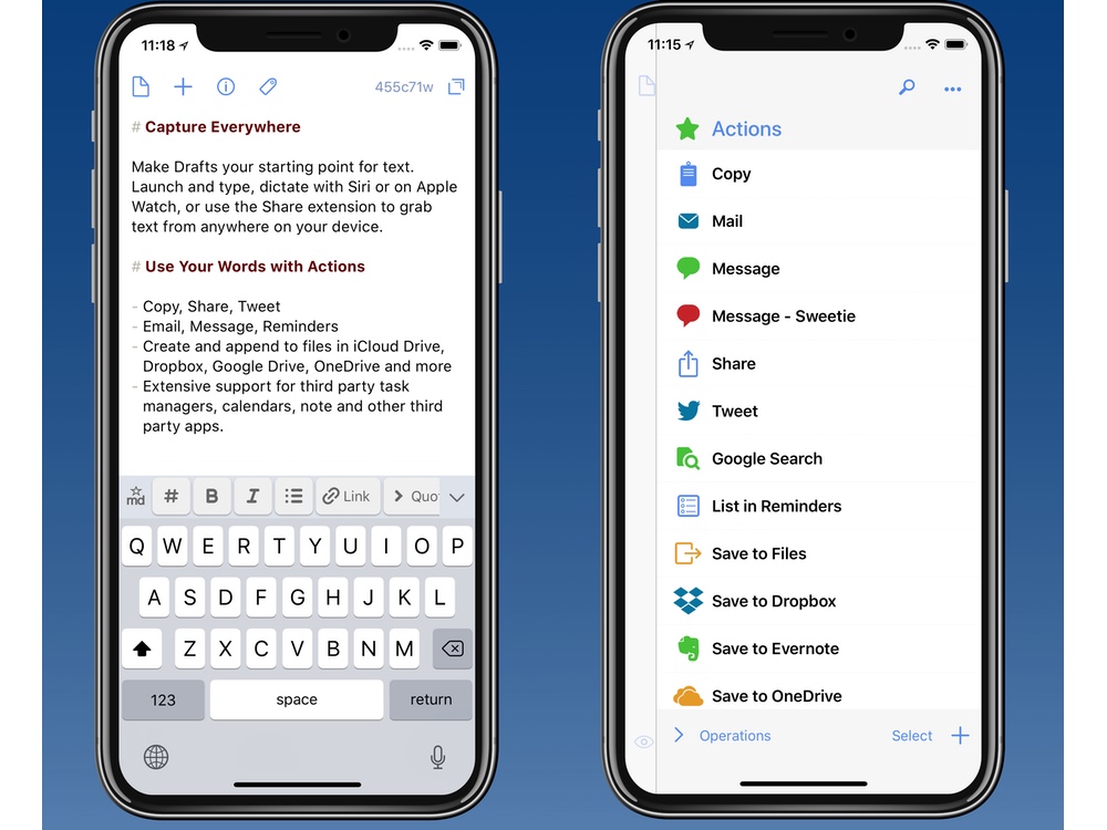 The Drafts app open on two phones, showing an active draft and an actions list.