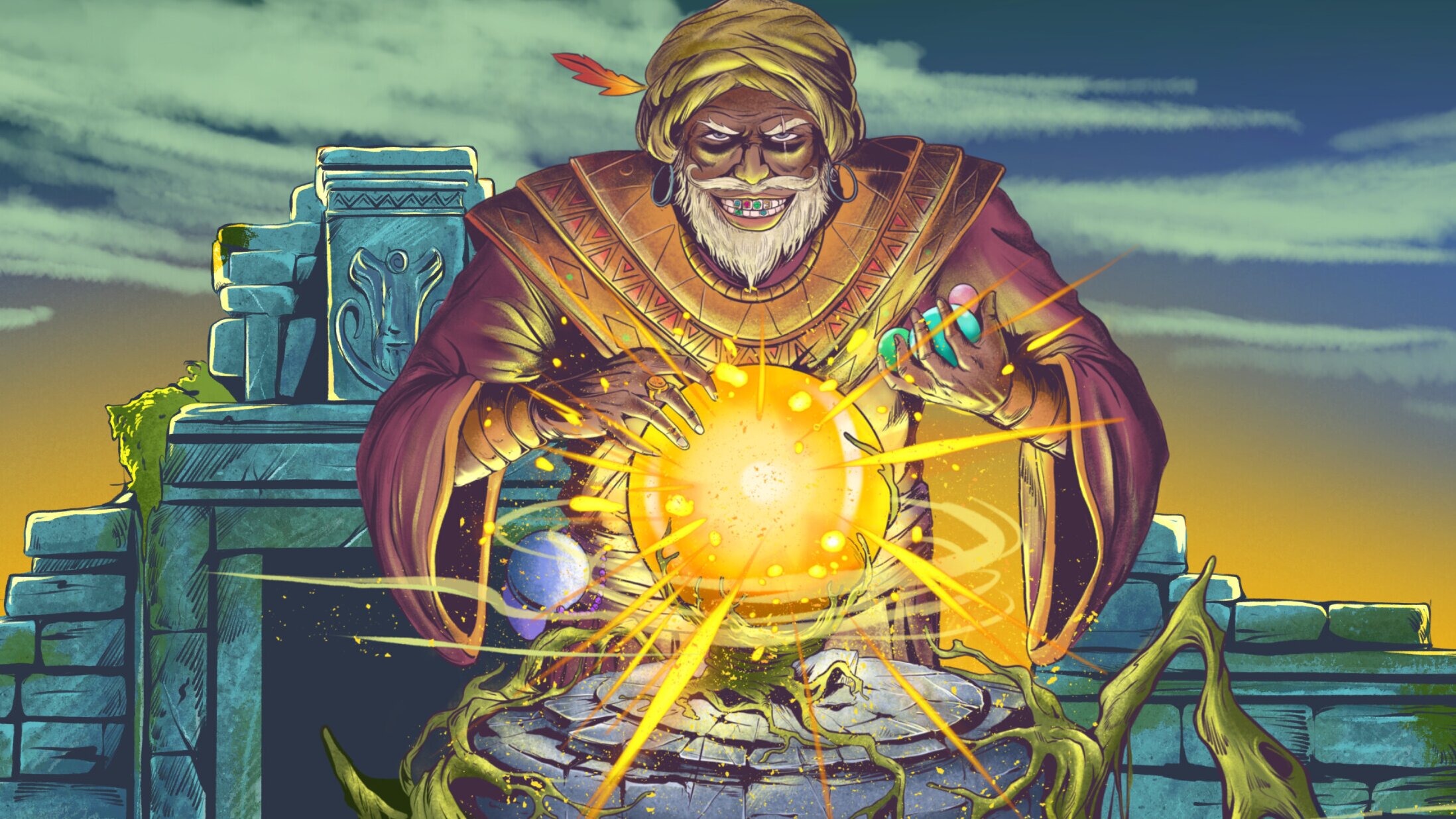 Oh!Ware character art of a man rubbing an orb