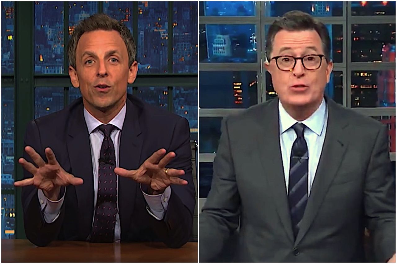 Seth Meyers and Stephen Colbert on the letter bombs