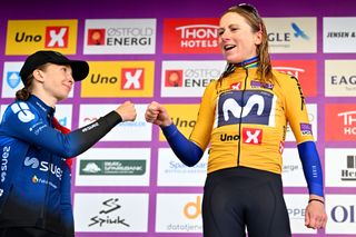 Annemiek van Vleuten (Movistar) claiming the jersey of the race leader at the Tour of Scandinavia 2023