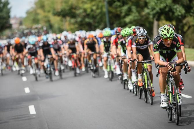 Ted King (Cannondale) works on the front to being back the break.