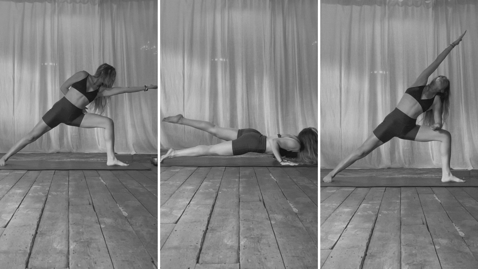 A woman doing yoga in a studio in shorts and a workout bra