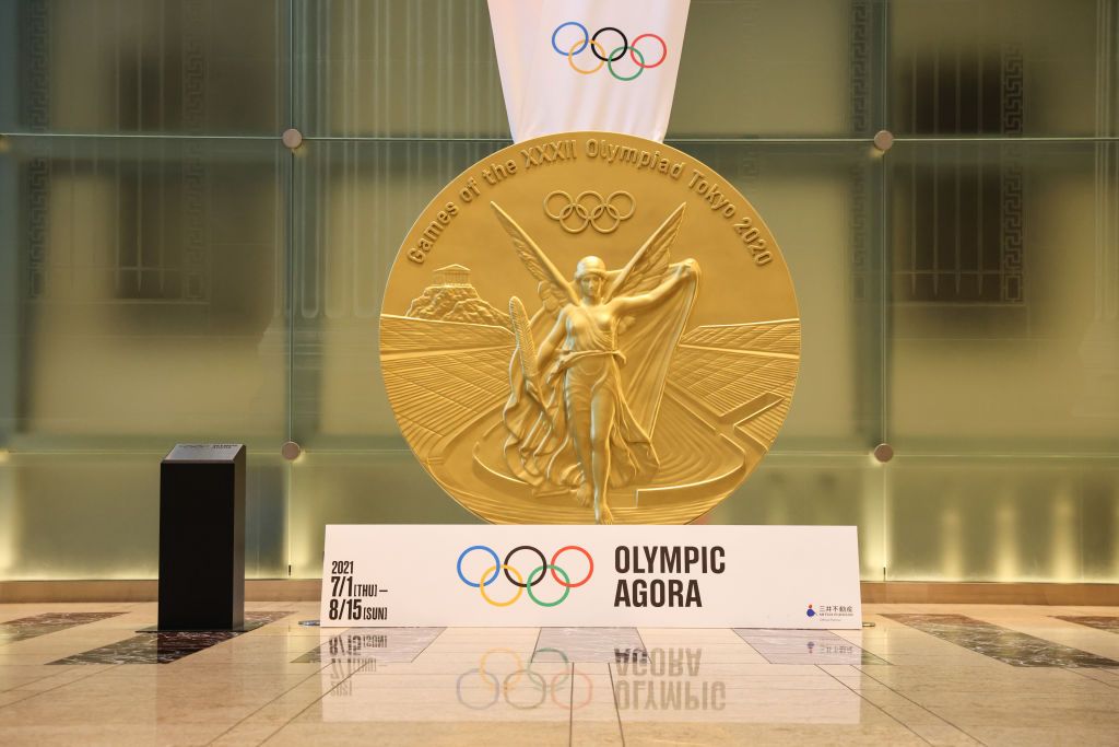 TOKYO, JAPAN - 2021/07/21: Large-scale reproduction of Tokyo 2020 Gold Medal on display at the Olympic Agora.
The Olympic Agora in Nihonbashi district is an art project which revives an ancient Greek idea of confluence of sport, art and culture. &quot;Agora&quot; comes from Greek and stands for a vibrant public space where people gathered to buy and sell goods, exchange political ideas and do sports. (Photo by Stanislav Kogiku/SOPA Images/LightRocket via Getty Images)