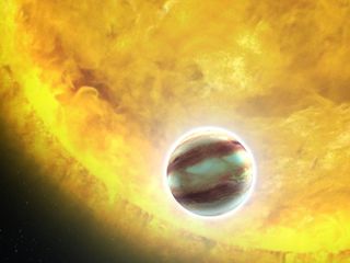 An artist's concept of the 'hot Jupiter' Hat-P-7b. The Hubble Space Telescope studied the planet's atmospheric structure.