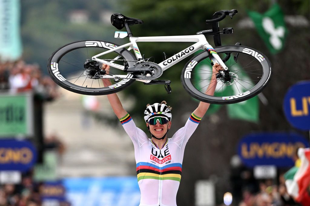 COMO, ITALY - OCTOBER 12: (EDITOR&#039;S NOTE: Alternate crop) Tadej Pogacar of Slovenia and UAE Team Emirates celebrates at finish line as race winner during the 118th Il Lombardia 2024 a 255km one day race from Bergamo to Como / #UCIWT / on October 12, 2024 in Como, Italy. (Photo by Tim de Waele/Getty Images)