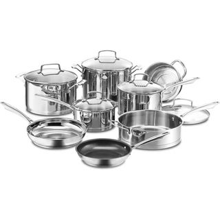 A Cuisinart Professional Series 13 Piece Stainless Steel Cookware Set on a white background