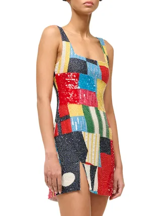 Staud, Le Sable Embellished Patchwork Minidress