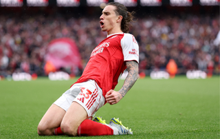 Riccardo Calafiori of Arsenal celebrates after scoring a goal which was later ruled out for offside during the Premier League match between Arsenal and Fulham at Emirates Stadium on May 02, 2026 in London, England.