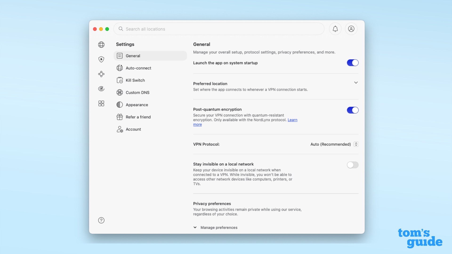Privacy settings menu on 2026 NordVPN Mac OS app