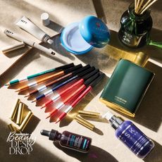 Beauty Desk Drop products October 2024 including Hermes eye pencils, Tatcha cleansing balm, Victoria Beckham Beauty perfume, Refy lip liner