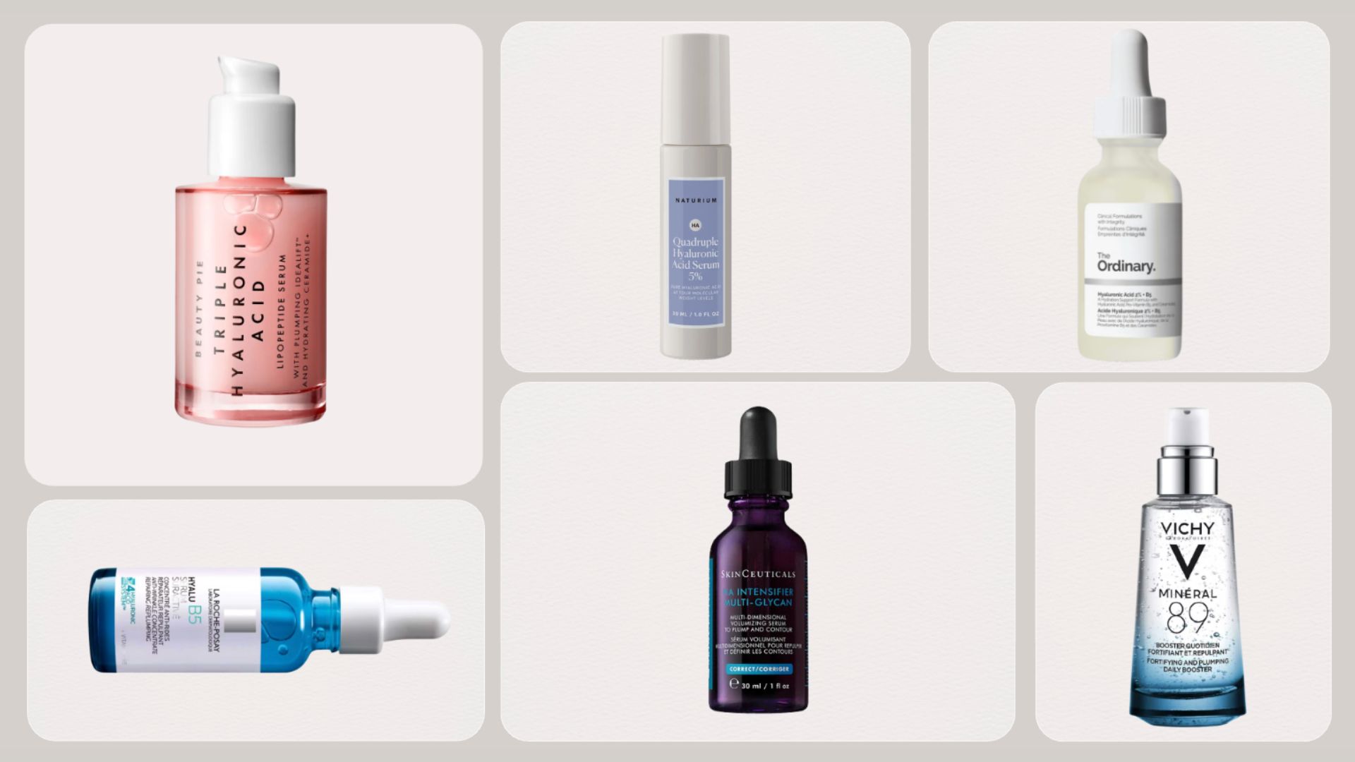 a collage featuring hyaluronic acid serums