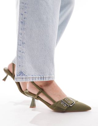 Simmi London Dala Pointed Kitten Heel Sling Backs With Eyelet Buckle Detail in Khaki