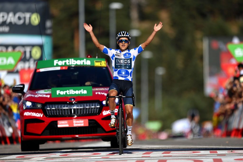 NAVACERRADA SPAIN SEPTEMBER 10 Richard Carapaz of Ecuador and Team INEOS Grenadiers Polka Dot Mountain Jersey celebrates at finish line as stage winner during the 77th Tour of Spain 2022 Stage 20 a 181km stage from Moralzarzal to Puerto de Navacerrada 1851m LaVuelta22 WorldTour on September 10 2022 in Puerto de Navacerrada Spain Photo by Justin SetterfieldGetty Images
