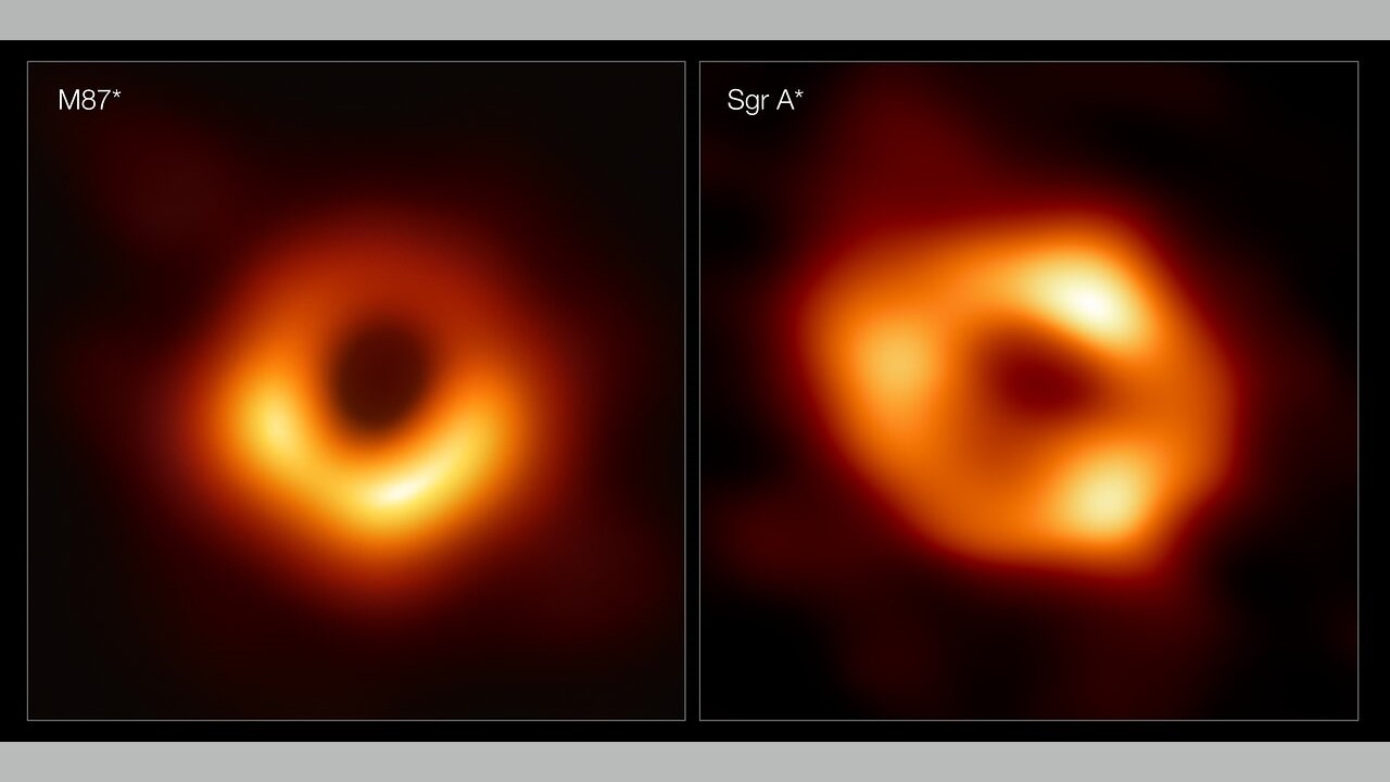 A comparison of Event Horizon Telescope views of the black holes at the center of the galaxy M87, on the left, and of the one in the Milky Way, at right.